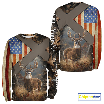 American Flag Deer Hunting Hoodie For Men – 3D Whitetail Buck Camo NHT336