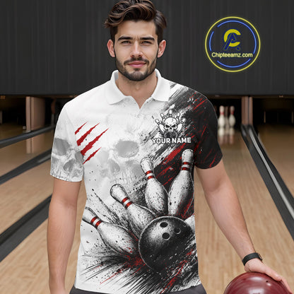 A man wearing a custom bowling-themed short-sleeve polo shirt with a black, white, and red graphic print of bowling pins, a bowling ball, and claw marks. He is standing in a bowling alley holding a bowling ball, with a 'Chigleamz.