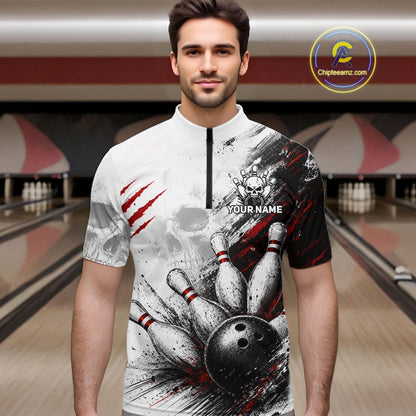 A man wearing a short-sleeve cycling jersey with a bowling-themed graphic print, standing in front of a blurred bowling alley background. The jersey features a black and white splatter design with red claw marks, bowling pins, and a bowling ball, with a placeholder text 'YOUR NAME'.