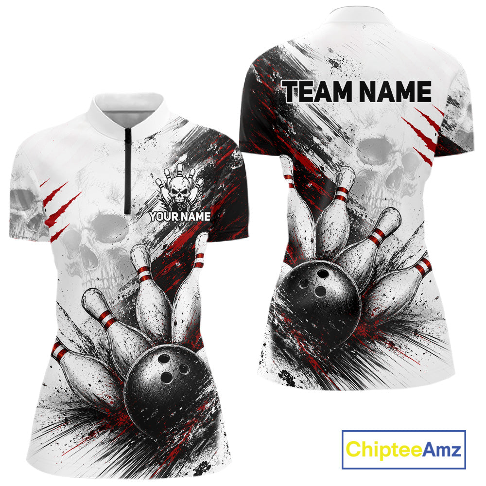 Front and back views of a women's short-sleeve athletic quarter-zip polo shirt featuring a black, white, and red bowling-themed graphic print. The front includes a mock collar, a black zipper, a skull and crossbones logo with customizable text, and a bowling pins and ball design.