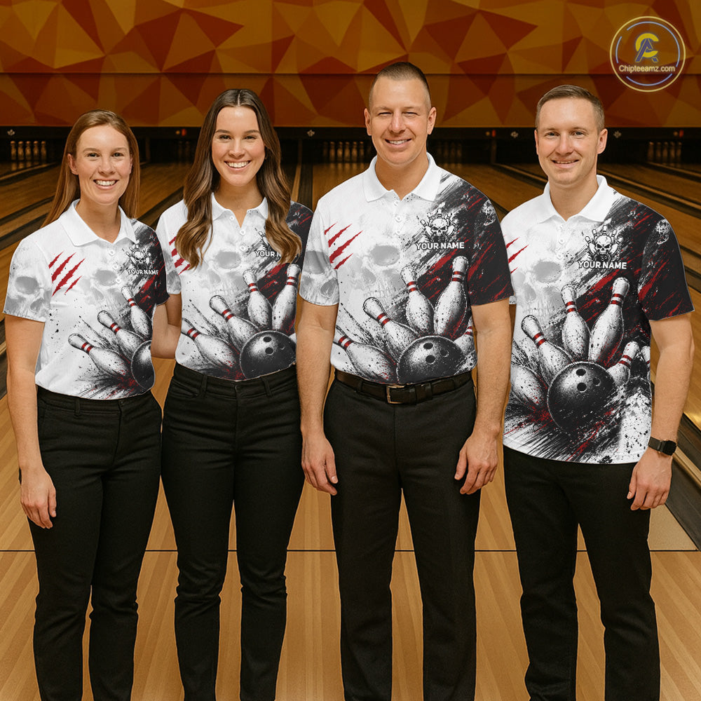 Women's Personalized Skull Bowling Tournament Polo Shirt & 1/4 Zip Custom Bowling Jersey NHT1215
