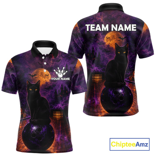 Black Cat Halloween Bowling Polo Shirt Custom Name Team Quarter Zip Jersey For Men NHT1351