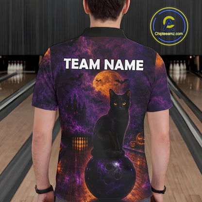 Black Cat Halloween Bowling Polo Shirt Custom Name Team Quarter Zip Jersey For Men NHT1351