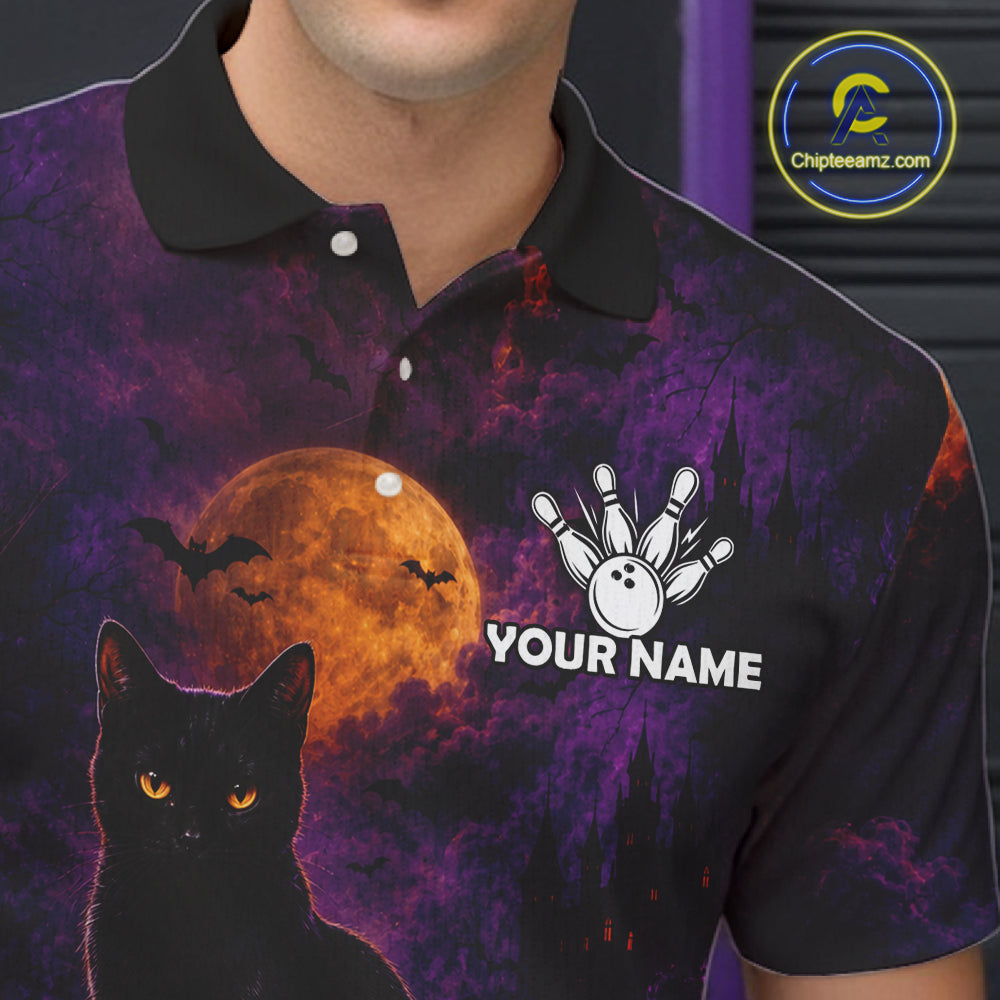 Black Cat Halloween Bowling Polo Shirt Custom Name Team Quarter Zip Jersey For Men NHT1351