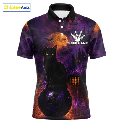 Black Cat Halloween Bowling Polo Shirt Custom Name Team Quarter Zip Jersey For Men NHT1351