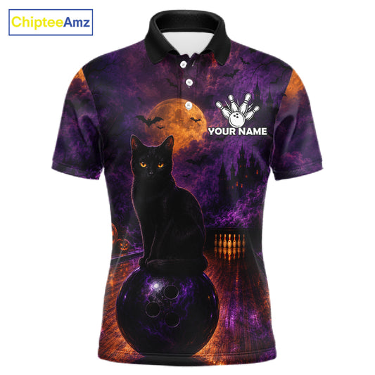 Black Cat Halloween Bowling Polo Shirt Custom Name Team Quarter Zip Jersey For Men NHT1351