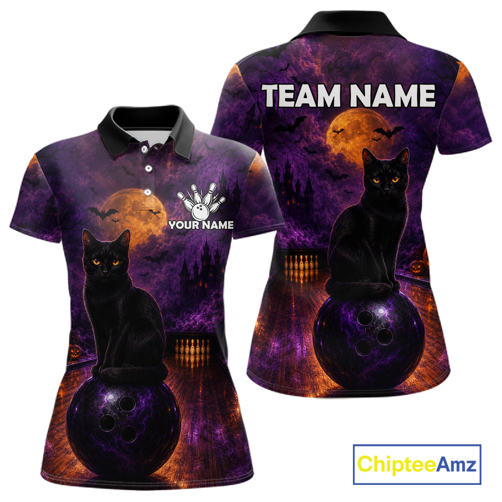 Black Cat Halloween Bowling Polo Shirt Custom Name Team Quarter Zip Jersey For Women NHT1351