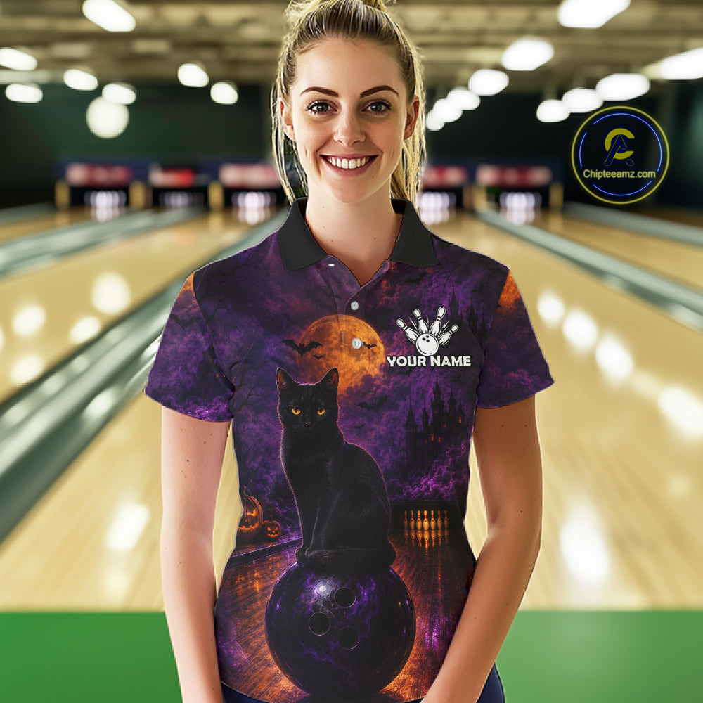 Black Cat Halloween Bowling Polo Shirt Custom Name Team Quarter Zip Jersey For Women NHT1351
