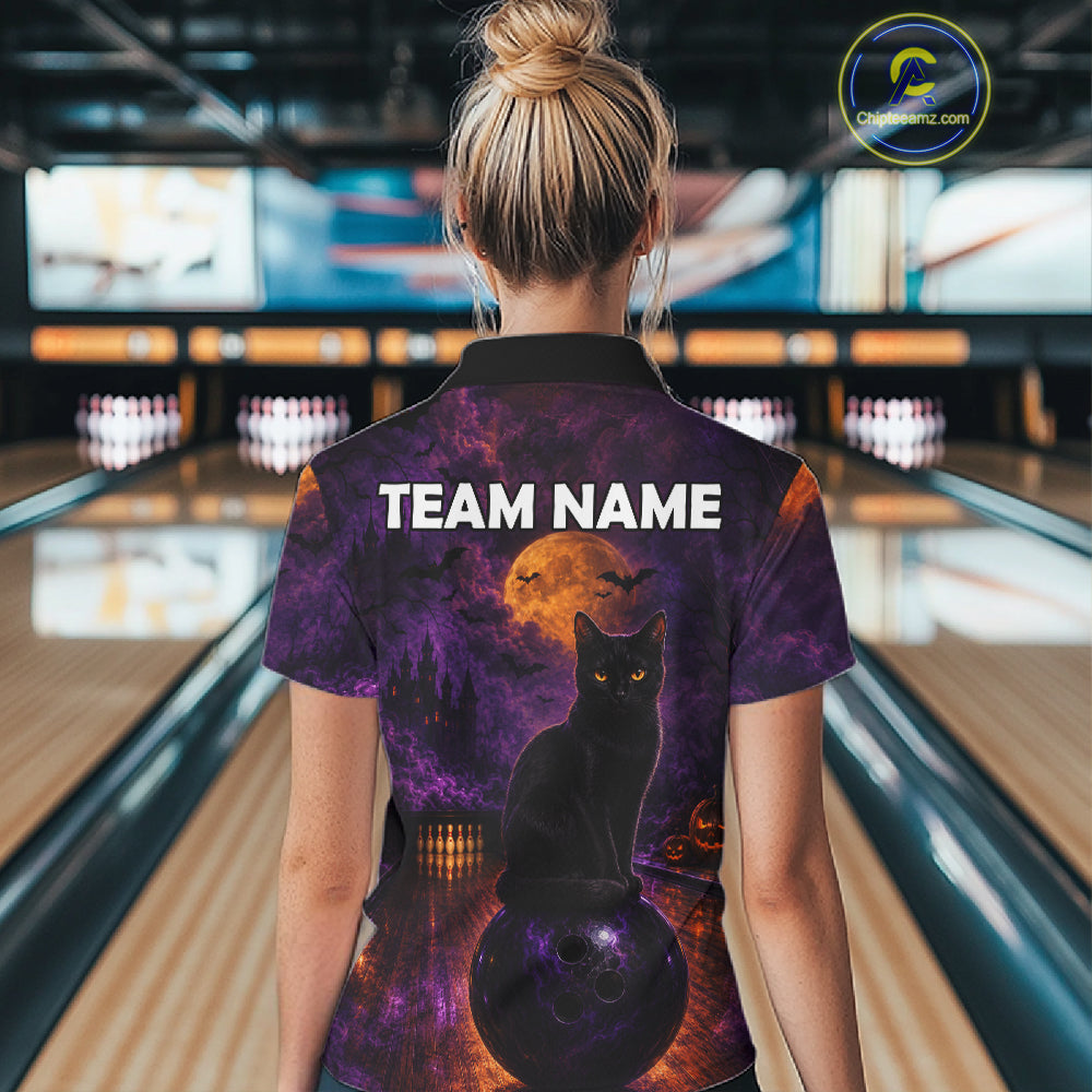 Black Cat Halloween Bowling Polo Shirt Custom Name Team Quarter Zip Jersey For Women NHT1351