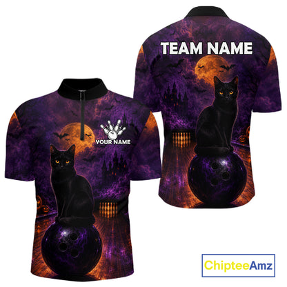 Black Cat Halloween Bowling Polo Shirt Custom Name Team Quarter Zip Jersey For Men NHT1351