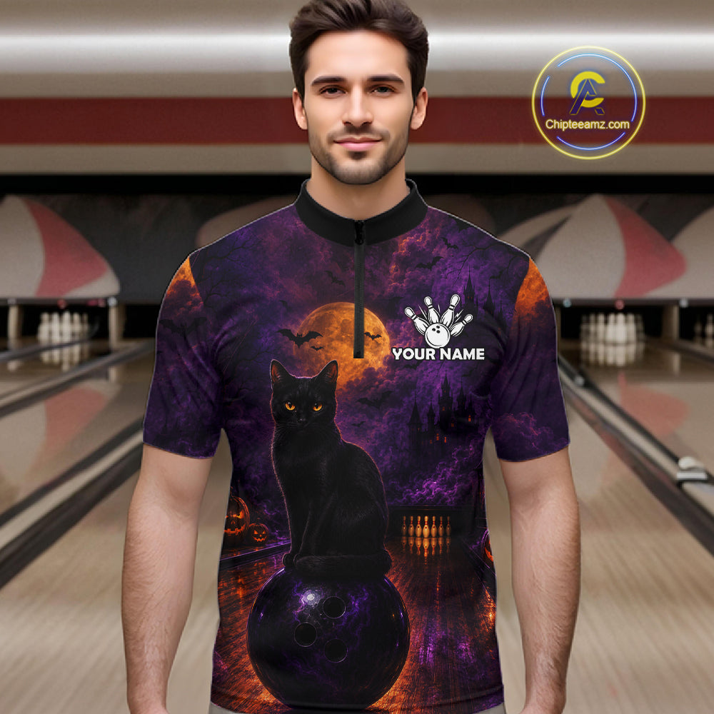 Black Cat Halloween Bowling Polo Shirt Custom Name Team Quarter Zip Jersey For Men NHT1351