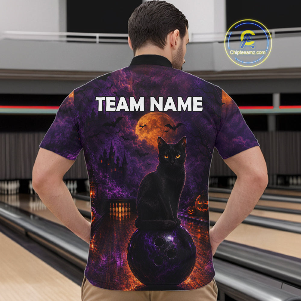 Black Cat Halloween Bowling Polo Shirt Custom Name Team Quarter Zip Jersey For Men NHT1351