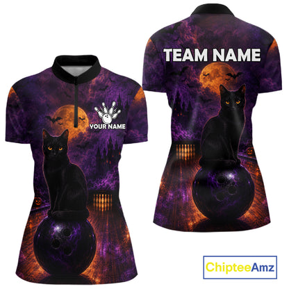 Black Cat Halloween Bowling Polo Shirt Custom Name Team Quarter Zip Jersey For Women NHT1351