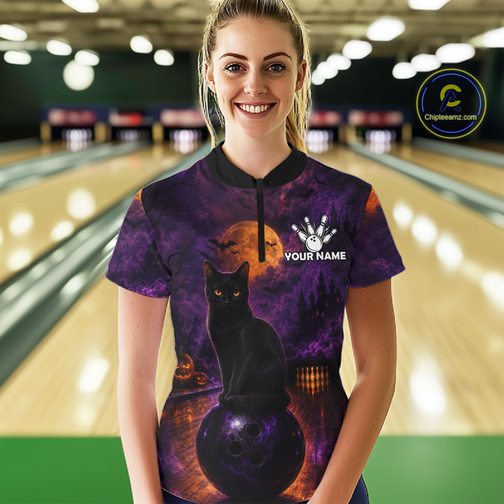 Black Cat Halloween Bowling Polo Shirt Custom Name Team Quarter Zip Jersey For Women NHT1351