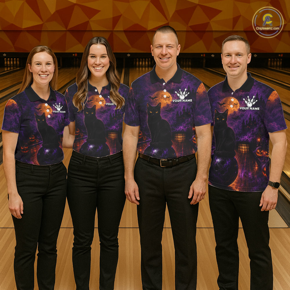 Black Cat Halloween Bowling Polo Shirt Custom Name Team Quarter Zip Jersey For Men NHT1351