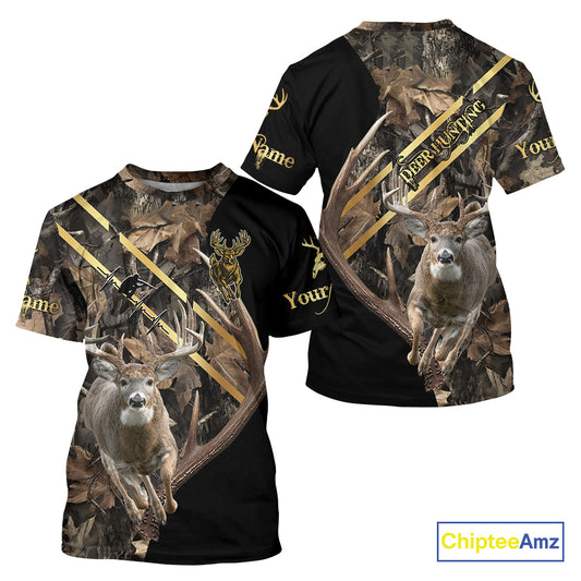 Brown Forest Camo Deer Hunting Shirt – Running Buck Graphic, Personalized Name For Hunter NHT342