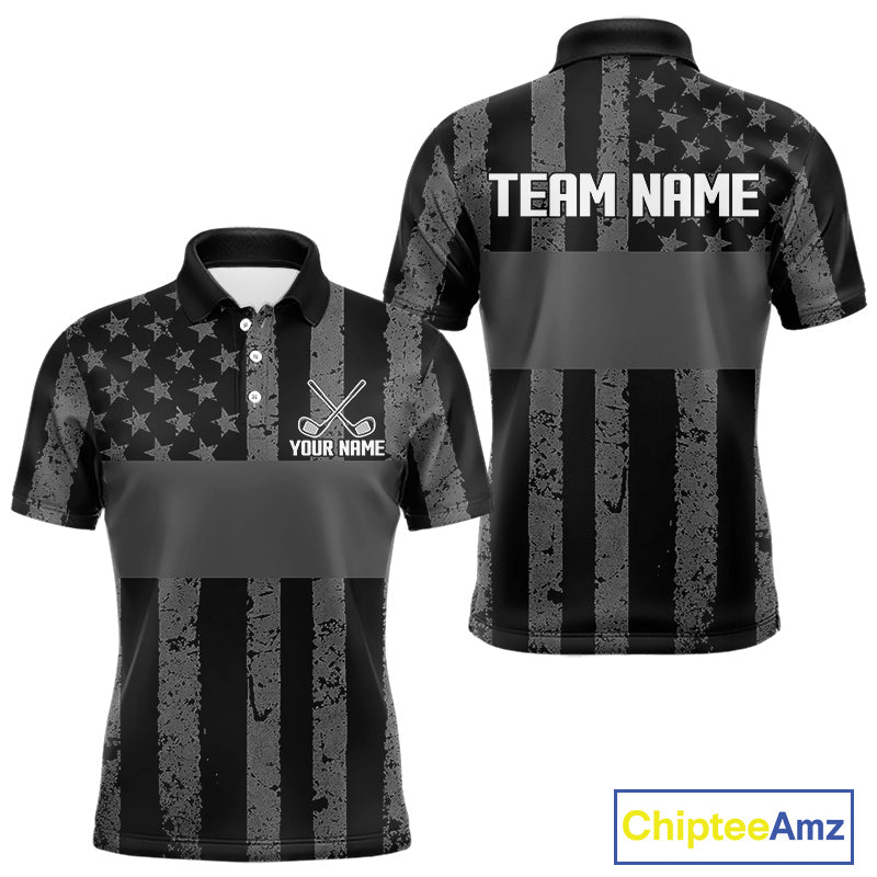 Black White American Flag Mens Golf Polo Shirts Custom Name, Team Name For Men Golf Gift NHT886