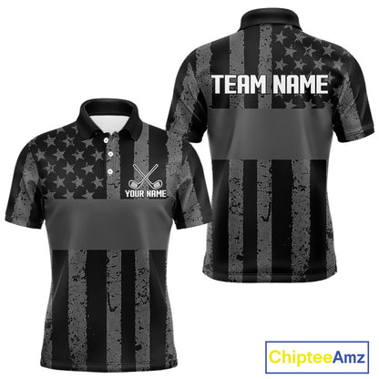 Black White American Flag Mens Golf Polo Shirts Custom Name, Team Name For Men Golf Gift NHT886