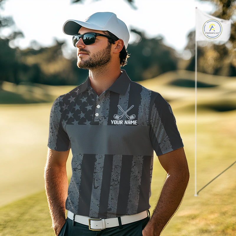 Black White American Flag Mens Golf Polo Shirts Custom Name, Team Name For Men Golf Gift NHT886