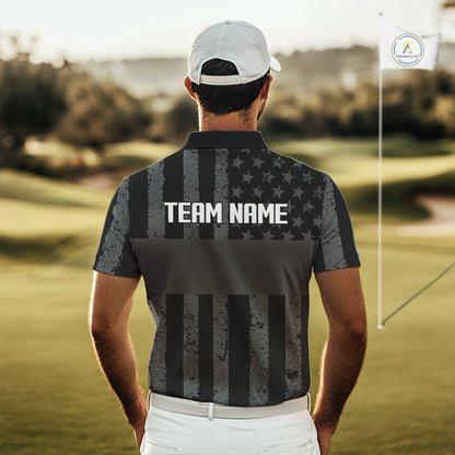 Black White American Flag Mens Golf Polo Shirts Custom Name, Team Name For Men Golf Gift NHT886