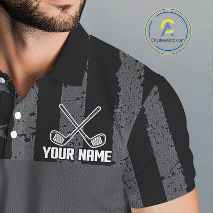 Black White American Flag Mens Golf Polo Shirts Custom Name, Team Name For Men Golf Gift NHT886