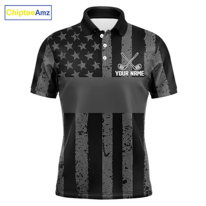 Black White American Flag Mens Golf Polo Shirts Custom Name, Team Name For Men Golf Gift NHT886