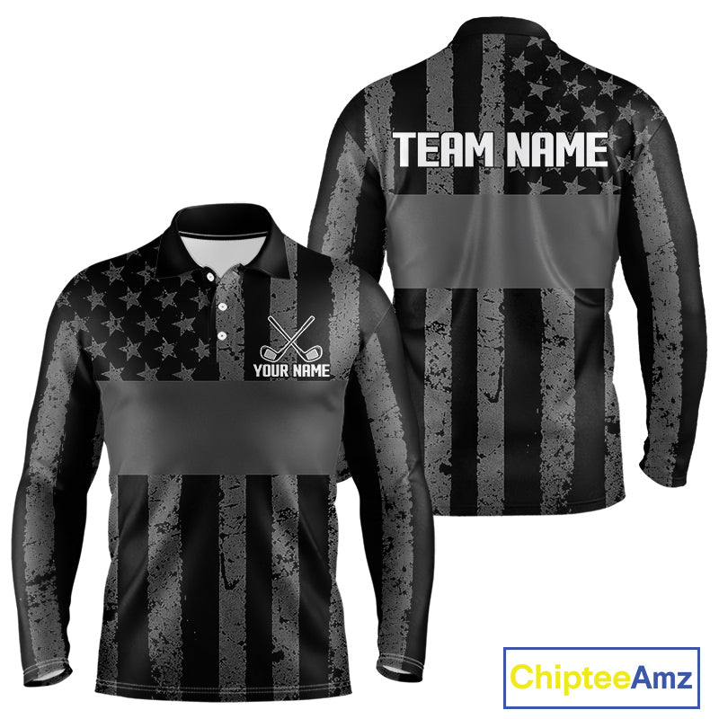 Black White American Flag Mens Golf Polo Shirts Custom Name, Team Name For Men Golf Gift NHT886