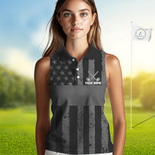 Load image into Gallery viewer, Black White American Flag Sleeveless Womens Golf Polo Shirts Custom Name, Team Name For Women Golf Gift NHT886