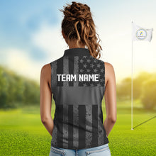 Load image into Gallery viewer, Black White American Flag Sleeveless Womens Golf Polo Shirts Custom Name, Team Name For Women Golf Gift NHT886