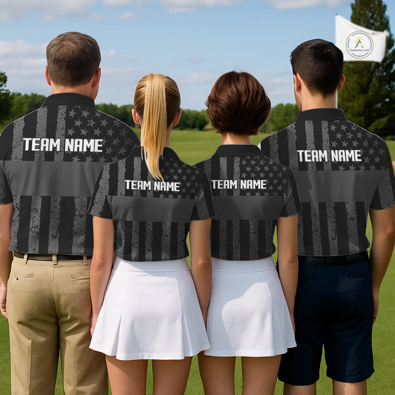Black White American Flag Mens Golf Polo Shirts Custom Name, Team Name For Men Golf Gift NHT886