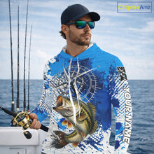 Load image into Gallery viewer, Blue Camo Custom Largemouth Bass Compass Hooded Long Sleeve Tournament Fishing Shirts NHT527