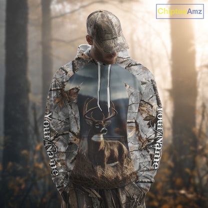 Custom 3D Deer Hunting Shirt With Whitetail Deer Winter Camo For Deer Hunting Season NHT222