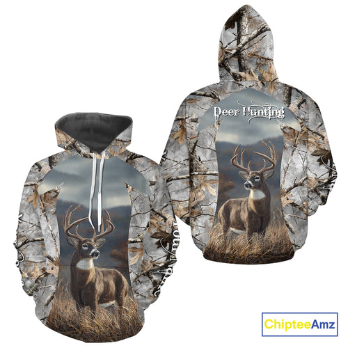 Custom 3D Deer Hunting Shirt With Whitetail Deer Winter Camo For Deer Hunting Season NHT222