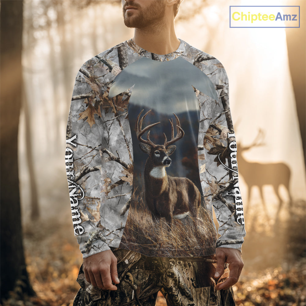 Custom 3D Deer Hunting Shirt With Whitetail Deer Winter Camo For Deer Hunting Season NHT222