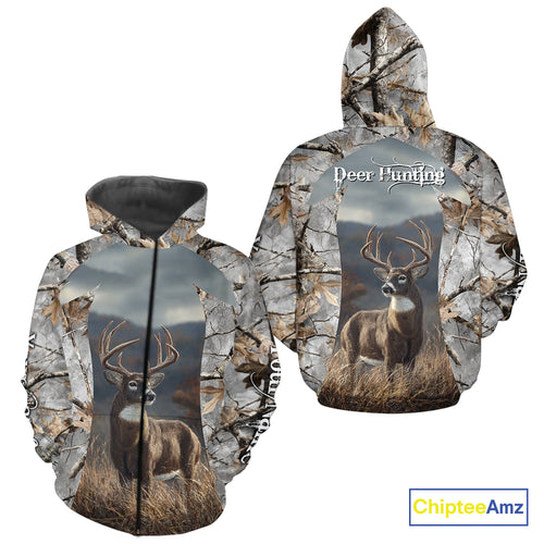Custom 3D Deer Hunting Shirt With Whitetail Deer Winter Camo For Deer Hunting Season NHT222