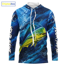 Load image into Gallery viewer, Custom Mahi Mahi Fishing Jersey long sleeve hooded shirt with vibrant mahi mahi graphic and performance fit.