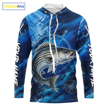 Load image into Gallery viewer, Custom Striped Bass Fishing Jersey long sleeve hooded shirt with striped bass graphic and performance fit.