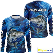 Load image into Gallery viewer, Back view of custom striped bass fishing shirt made from breathable polyester with UPF 30+ sun protection.