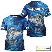 Load image into Gallery viewer, Back view of custom striped bass fishing shirt made from breathable polyester with UPF 30+ sun protection.