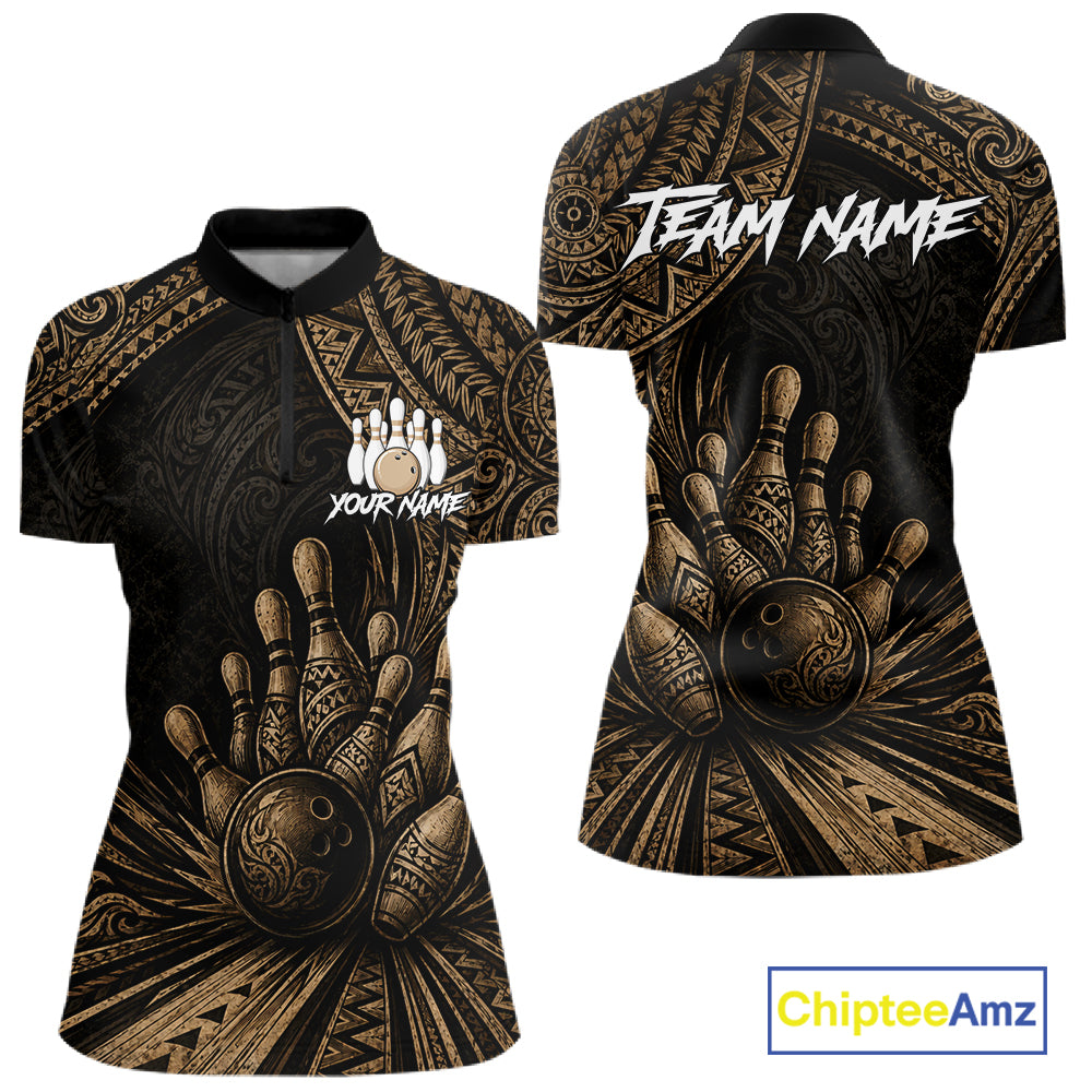 Front and back views of a women's short-sleeve polo shirt with a black and gold tribal-inspired bowling graphic, featuring customizable text placeholders 'TEAM NAME' and 'YOUR NAME'.