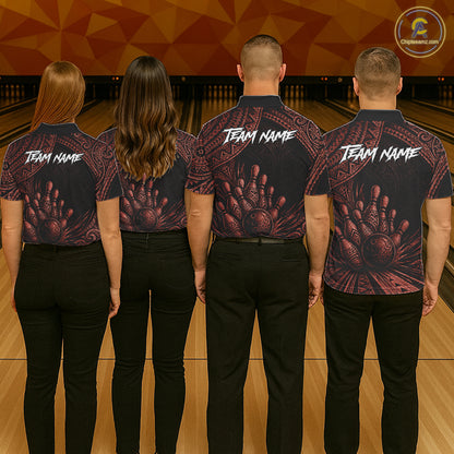 Custom Bowling League Shirt, Personalized Bowling Team Polo, Polynesian Tribal Bowling For Men|Red NHT1233