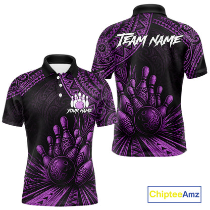 Black and purple short-sleeve polo shirt with bowling-themed graphic print, shown in front and back views on a white background. Features 'TEAM NAME' on the back and 'YOUR NAME' on the front, with a ChipteeAmz logo in the bottom right corner.