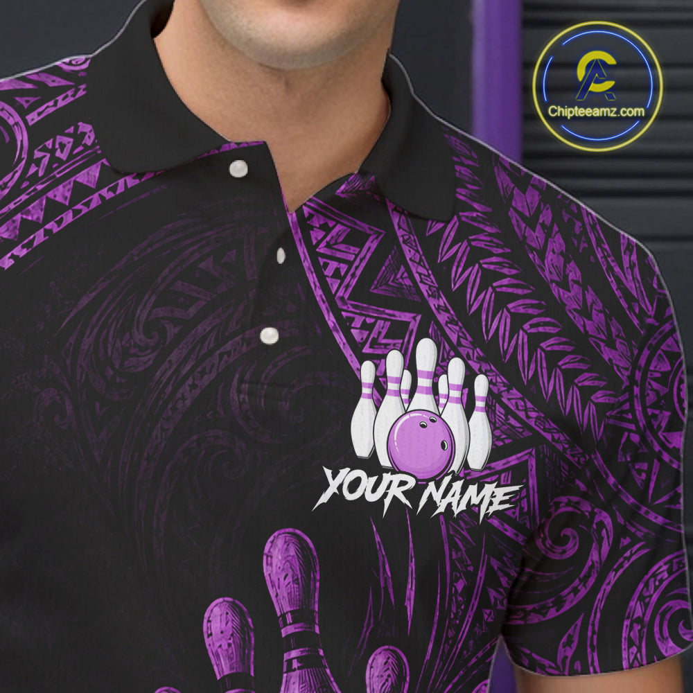A close-up of a man wearing a black short-sleeve polo shirt with a purple and white bowling-themed graphic print. The shirt features a purple bowling ball and pins design with the placeholder text 'YOUR NAME' on the front.