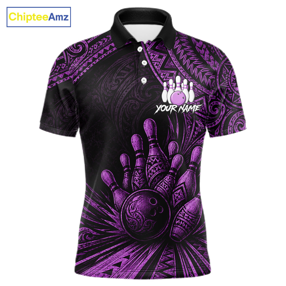 A short-sleeve polo shirt with a black and purple bowling-themed graphic print, featuring bowling pins, a bowling ball, and a white 'YOUR NAME' customization option on the chest. The brand 'ChipteeAmz' is visible in the top-left corner.