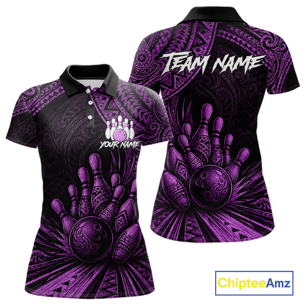 A custom bowling-themed short-sleeve polo shirt shown from both front and back views. The shirt features a black and purple tribal pattern with bowling pins and balls, a bowling pin graphic with the text 'YOUR NAME' on the front, and 'TEAM NAME' printed across the back.
