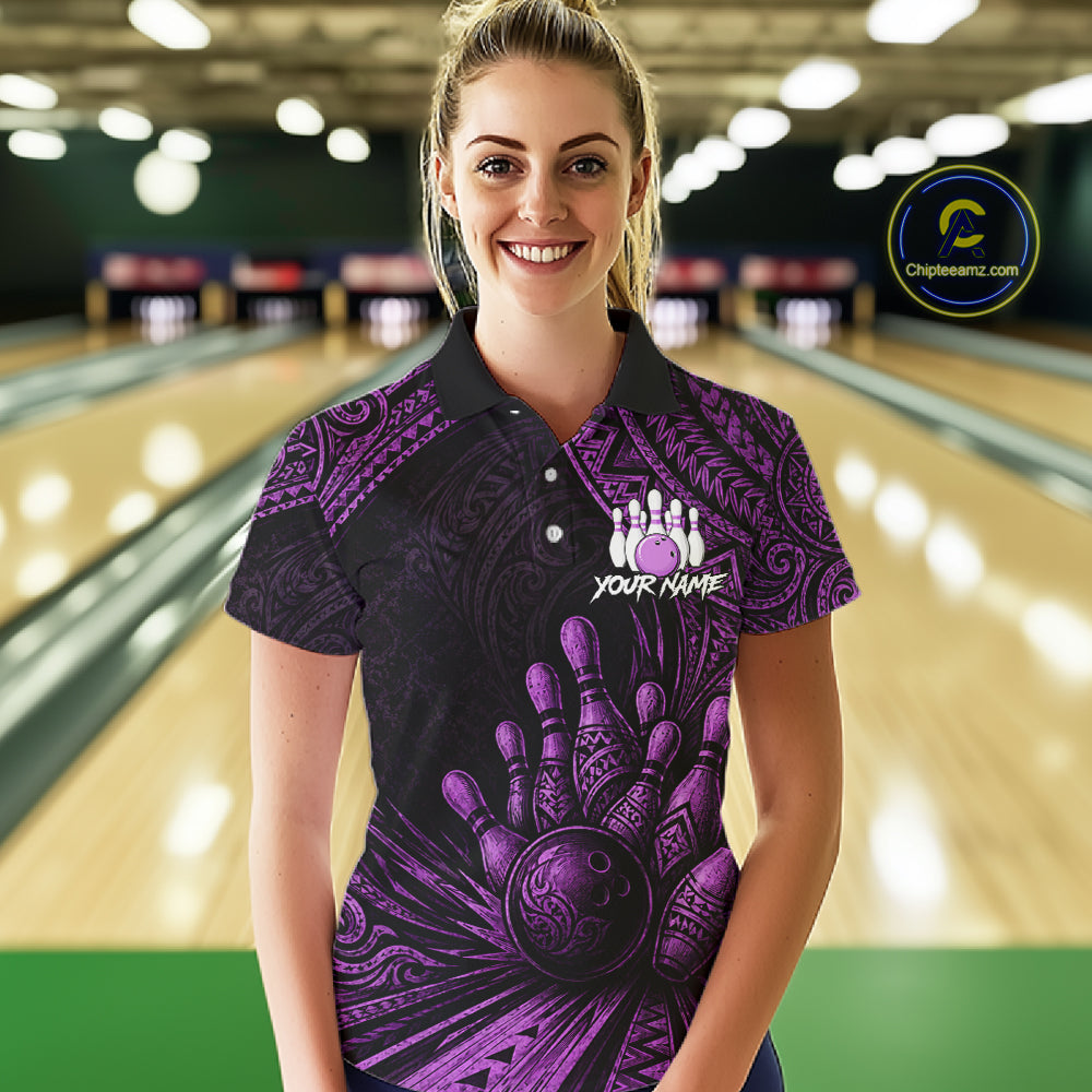 A woman wearing a black and purple bowling-themed polo shirt with a bowling pin graphic and 'YOUR NAME' text, standing in front of a blurred bowling alley background. A 'Chiplesanz.