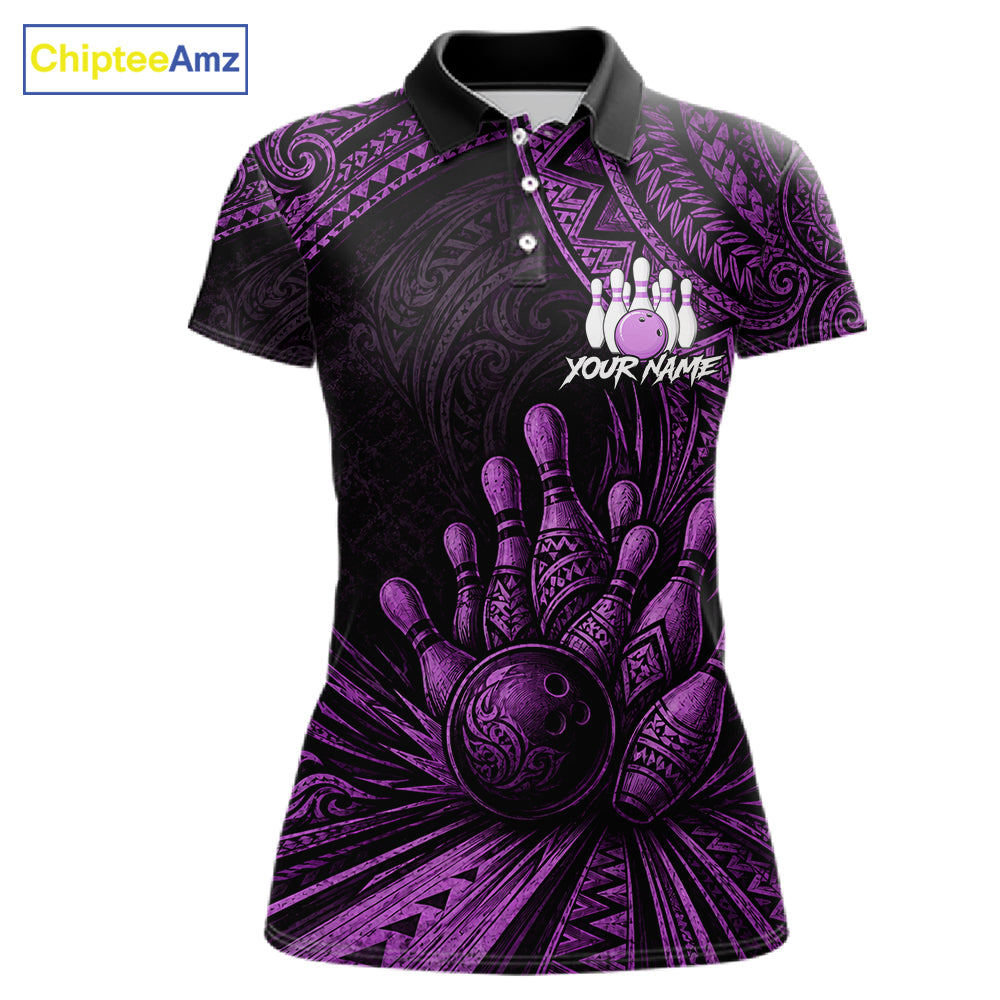 A women's short-sleeve polo shirt with a black and purple tribal-inspired bowling graphic, featuring bowling pins, balls, and a customizable name print on the front, shown on a white background with a ChipteeAmz logo in the top-left corner.