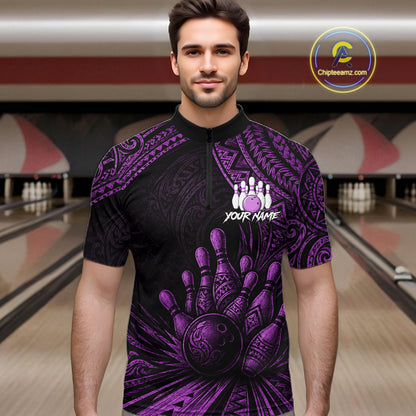 A man wearing a black and purple bowling-themed short-sleeve quarter-zip shirt with a bowling pin and hand graphic, standing in front of a bowling alley background. A 'Chipteeamz