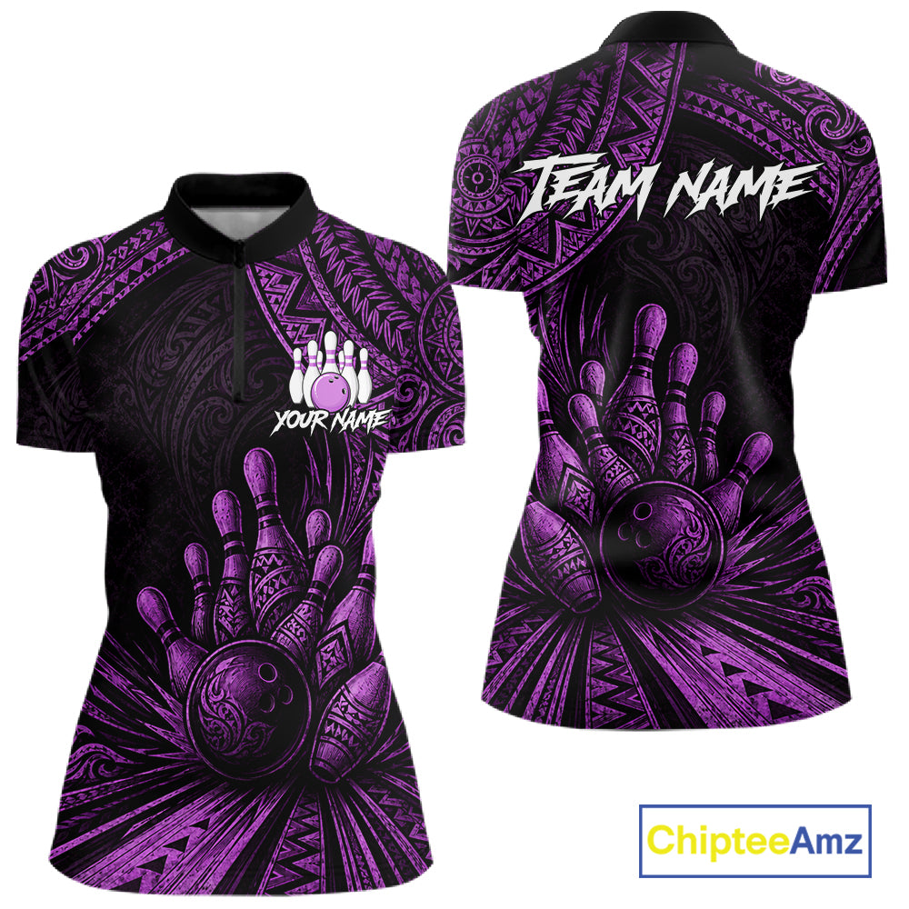 Front and back views of a women's short-sleeve bowling-themed polo shirt. The design features a black base with a purple tribal hand graphic containing bowling pins and balls, with 'TEAM NAME' and 'YOUR NAME' printed in white on the back and front chest respectively.