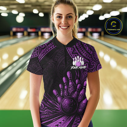 A woman standing in a bowling alley wearing a black and purple bowling-themed short-sleeve polo shirt with a bowling hand and ball graphic, a bowling pins graphic, and a customizable name print on the chest. A circular 'Chipandemic.